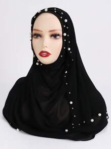 优雅 1 件女士纯色人造珍珠别针雪纺长围巾/头巾头带适合 Abaya 女士面纱 - 黑與白 - 查看 4