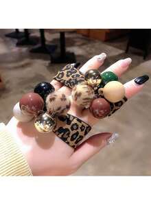 1入豹紋印花頭髮繩,多彩珠鏈控尾繩,寬頭結彈力髮帶,適用於女性