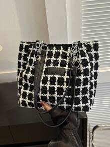 Women's Plaid Patchwork Shoulder Bag For Daily Commute In Spring And Summer - Black and White - View 1