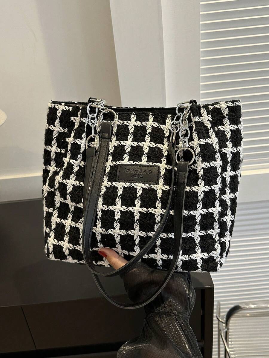 Women's Plaid Patchwork Shoulder Bag For Daily Commute In Spring And Summer - Black and White - View 1