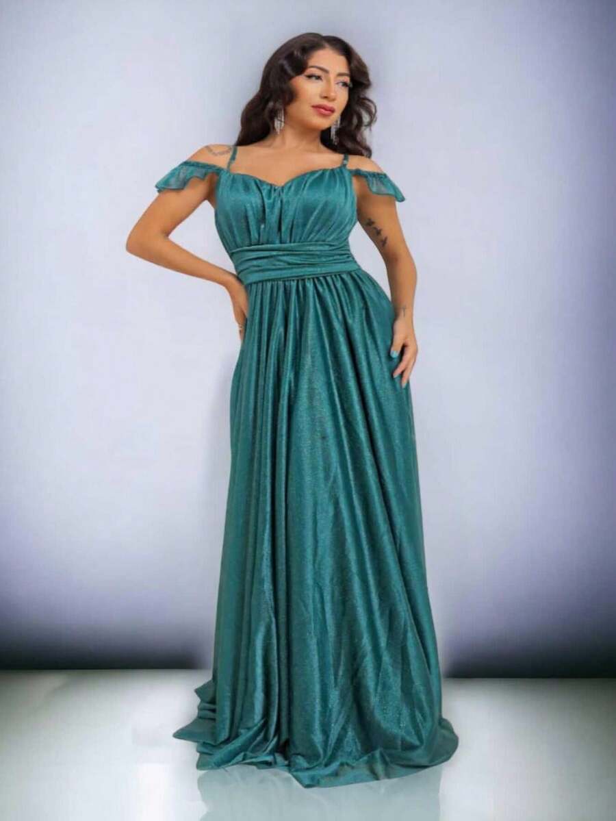 Vestido De Dama De Honor Para Ceremonias Y Graduaciones Con Manga De Volantes, Completamente Con Volantes En Terracota, Oliva, Marsala, Rosa Serenity, Verde Petrolero Y Azul - Verde militar - Ver 1