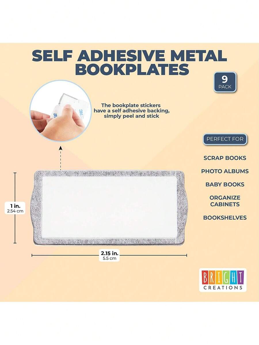 9 Pack Small Self Adhesive Metal Bookplates For Books, Drawers