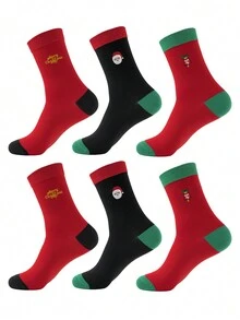 6pairs Men's Embroidery Santa Claus Pattern Mid-calf Christmas Socks - Multicolor - View 1