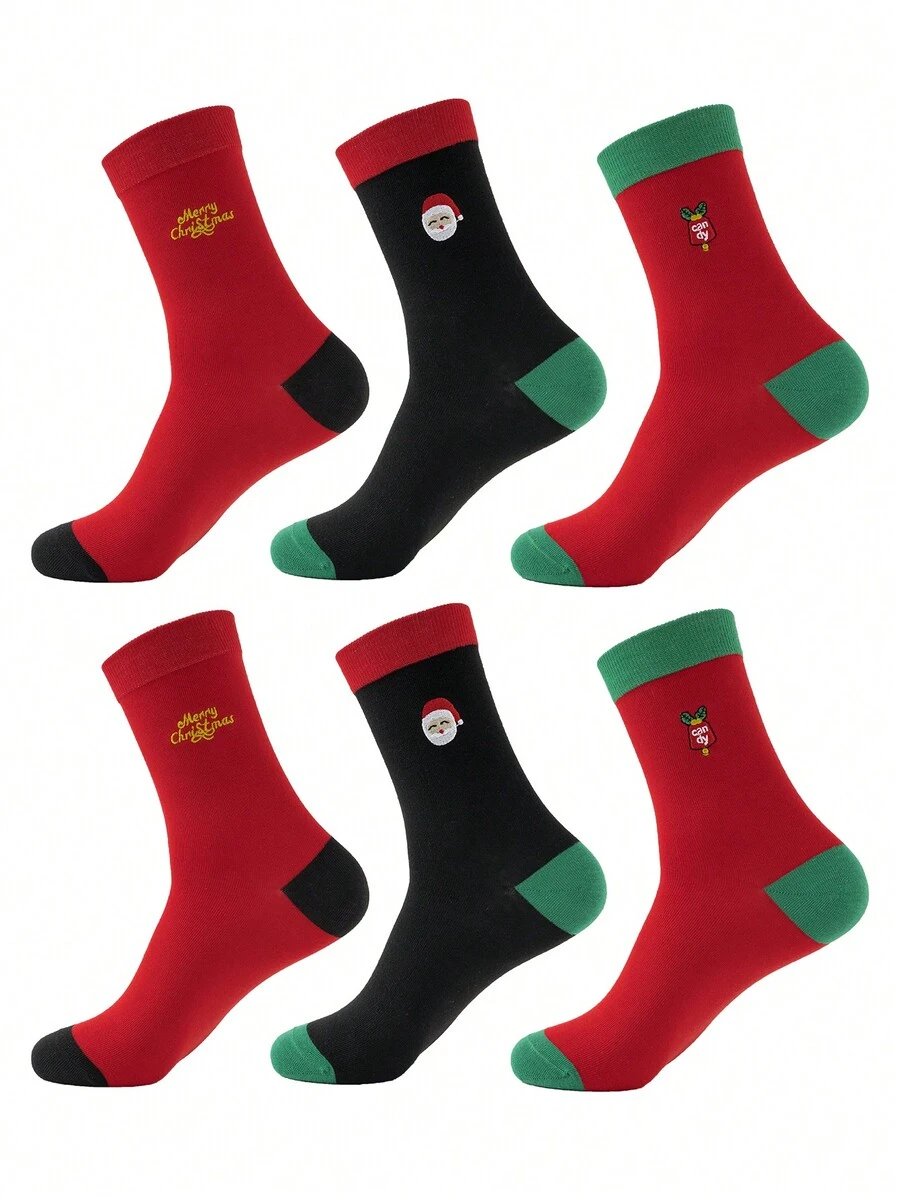 6pairs Men's Embroidery Santa Claus Pattern Mid-calf Christmas Socks - Multicolor - View 1