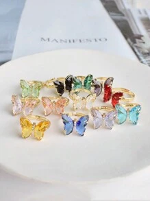 MECYLIFE 1 pieza Anillo ajustable de cristal de colores y mariposa con rhinestones, adecuado para mujeres