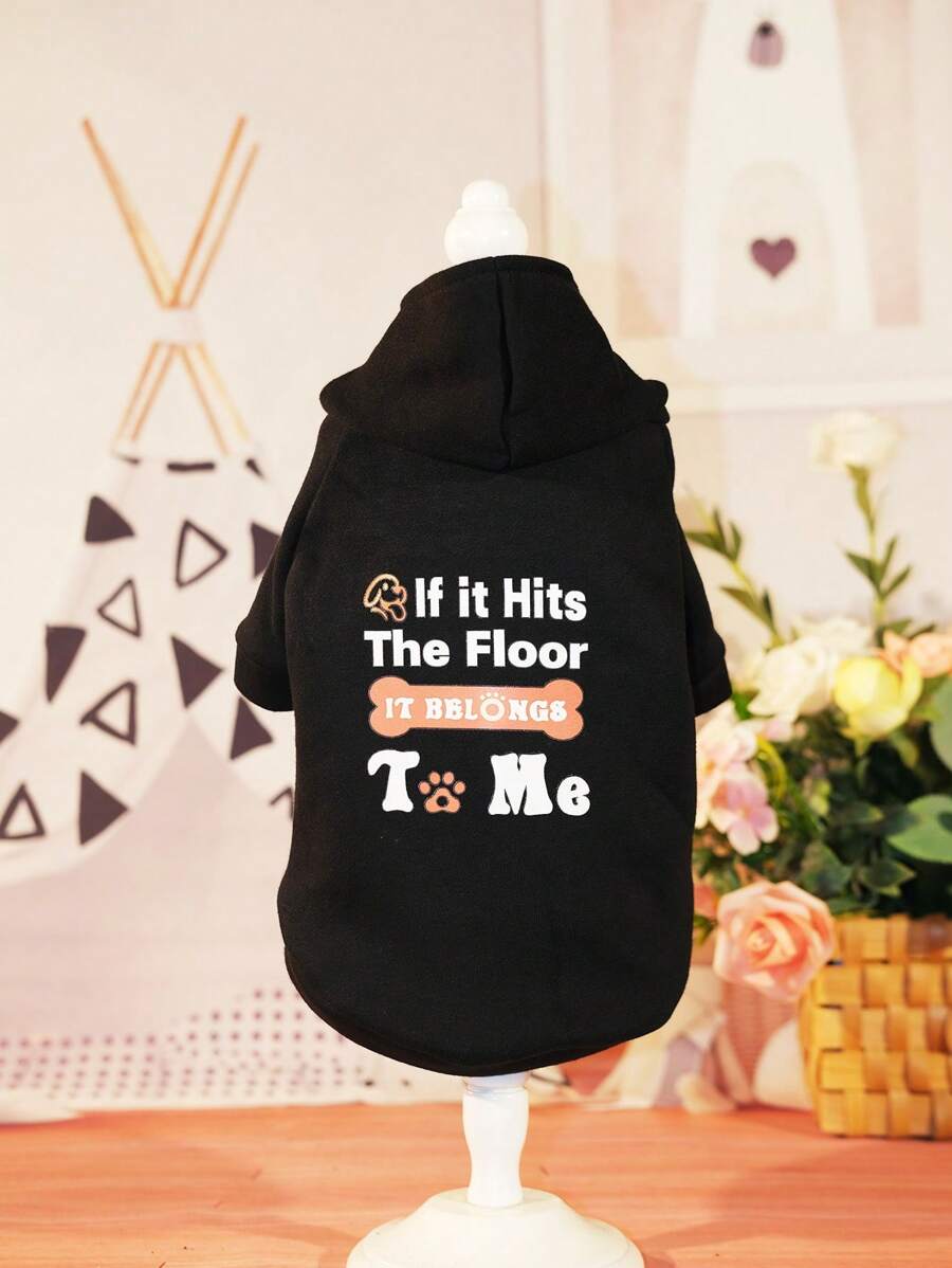 1件帶字母印花連帽衣連身裝,黑色,適用於小型和中型狗和貓,冬季加絨衣服 - 黑色 - 查看 1