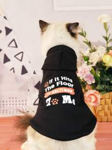 1件帶字母印花連帽衣連身裝,黑色,適用於小型和中型狗和貓,冬季加絨衣服 - 黑色 - 查看 4