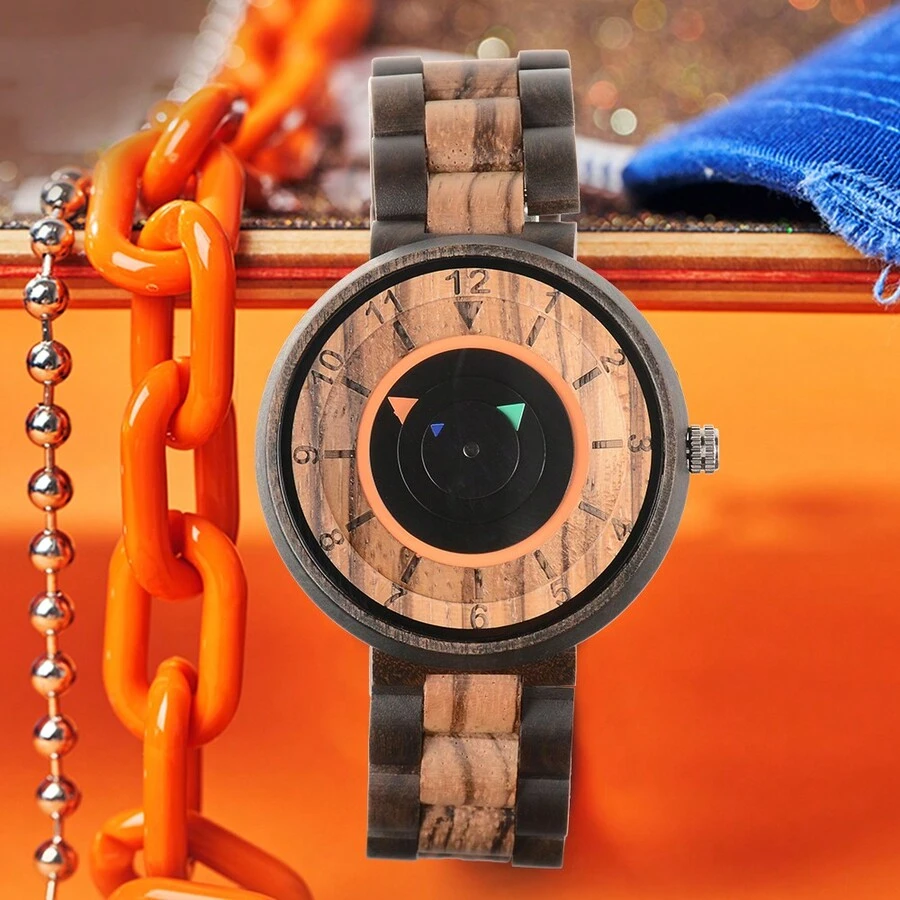 新概念無指針女士石英木質手錶,時尚的滿天星花卉可以刻上名字 - 橘色 - 查看 1