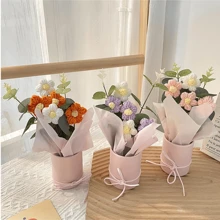Knitted Bouquet Handmade Puff Flower Plush Flowers Holiday Birthday Gift Portable Flower Bucket - Pink - View 5
