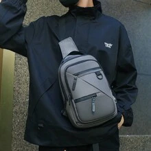 男士胸包,配大容量腰包,硬币包,手机包,运动包,防水多层设计腰包,黑色商务礼物,丈夫父亲节礼物,情人节礼物,男人专属 - 灰色 - 查看 3