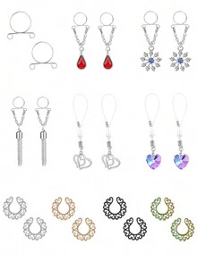 CIZME 2件套 假乳环 不锈钢无穿孔乳环 夹式乳环 仿身体穿刺饰品 男女通用 - 彩色 - 查看 1