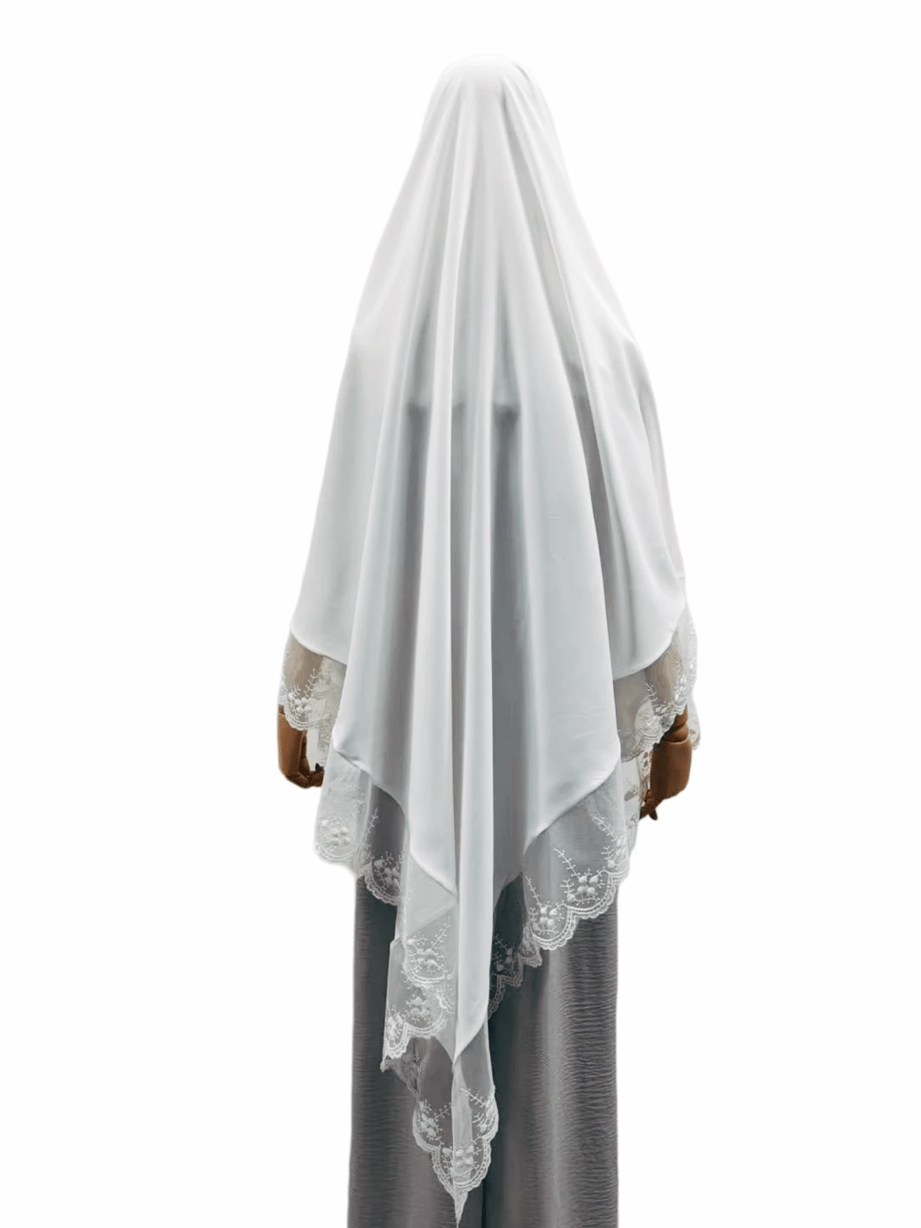 1pc Ladies' Long Lace Trimmed Hijab Scarf With Large Head Coverage - Madinah Style - White - View 1
