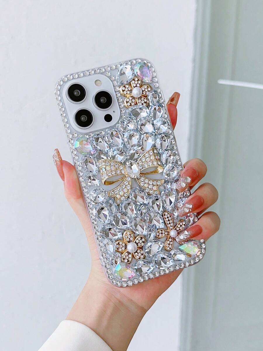 White Sparkly Rhinestone Sequins Fashion Phone Case Elegant Classic Bling Rhinestone Bowknot Case Compatible With Apple Waterproof Shockproof Anti-Fall Scratch Resistant Spring Gift