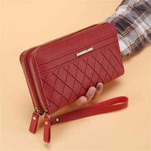 2023 New Arrival Double Zipper Women's Long Wallet Fashion Diamond Pattern Large Capacity Phone Bag Multi Card Organizer Wristlet - Red - View 1