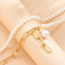 時尚蓄積珍珠項鍊套裝，創意不對稱鏈條項鍊，雙層流蘇毛衣鍊，個性甜美又酷的鎖骨項鍊 - 金色 - 查看 4