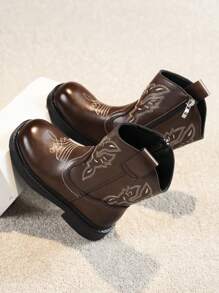 1pair Children Embroidered Leather Rubber Soft-Sole Mid-Calf Boots, Low-Top Flat Heel, Stylish For Spring And Autumn - Brown - View 7