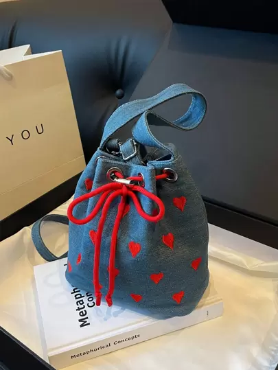 Bolso en forma de corazón, bolso de hombro, bolso de lona con cordón tipo cubo