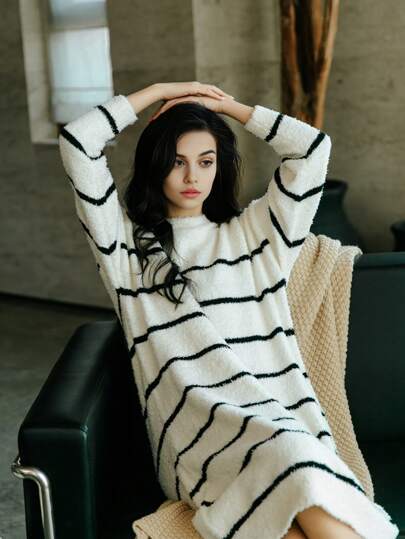Women's Half Velvet Warm Homewear Loose Dress Can Be Worn Outside Striped Nightdress