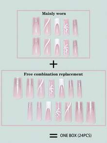 24入組長形棺材形狀愛情聖誕節白色雪花閃粉法式美甲全套假指甲,適合派對和日常穿著,讓您煥然一新迎接節日 - 彩色 - 查看 4