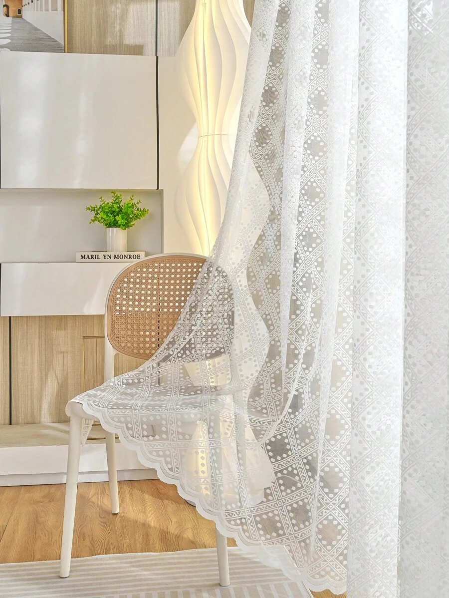 1片復古點和雪花設計菱形窗簾,適用於客廳和臥室 - 白色 - 查看 1