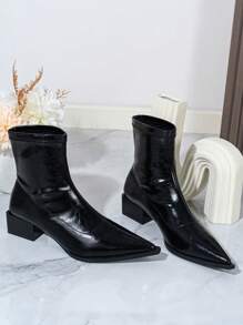 時尚女款尖頭短靴,鞋跟高度4公分,西式簡約仿麂皮厚底高跟靴 - 黑色 - 查看 5
