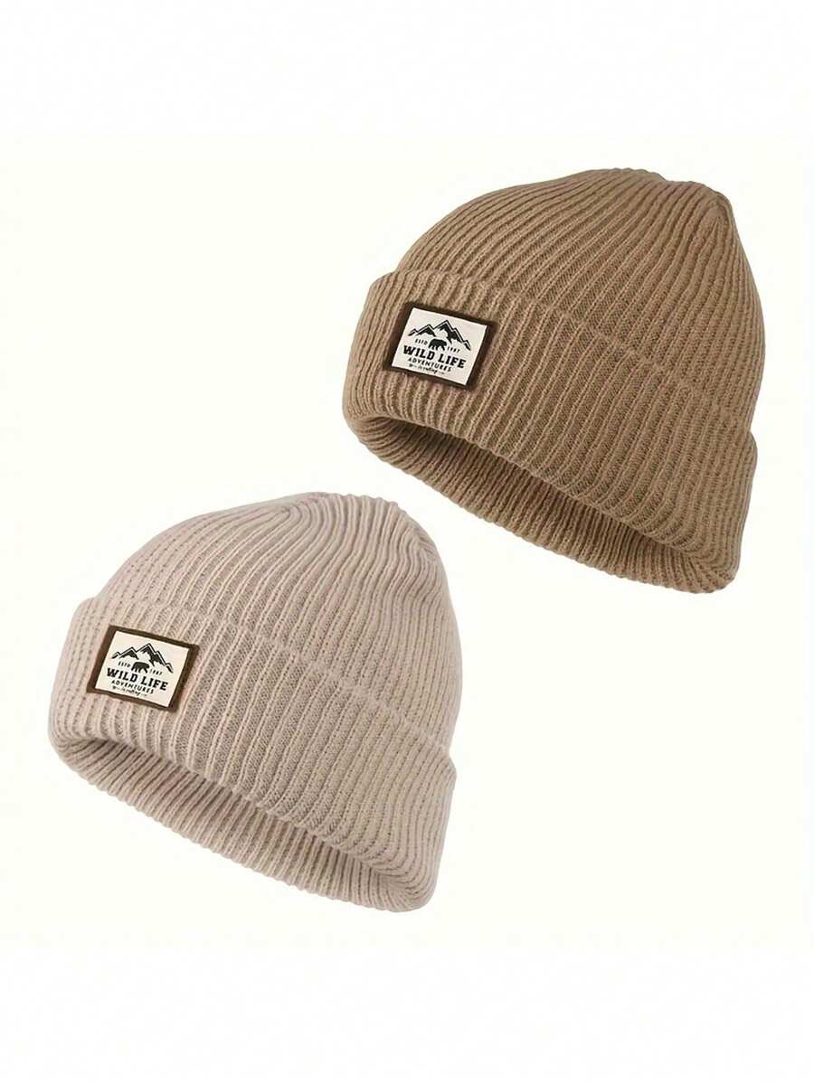 2 件男裝男女通用米色和卡其色滑雪帽,y2k 風格 Wild Lifeb 刺繡針織帽,戶外保暖,休閒冬帽,適合日常通勤 - 彩色 - 查看 1