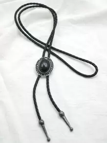 pooting bear 1pc Western Cowboy Style Vintage Black Onyx Bolo Tie, Fashionable Unisex Necktie With Decorative Clasp And Long Chain Street,School - Black - View 4