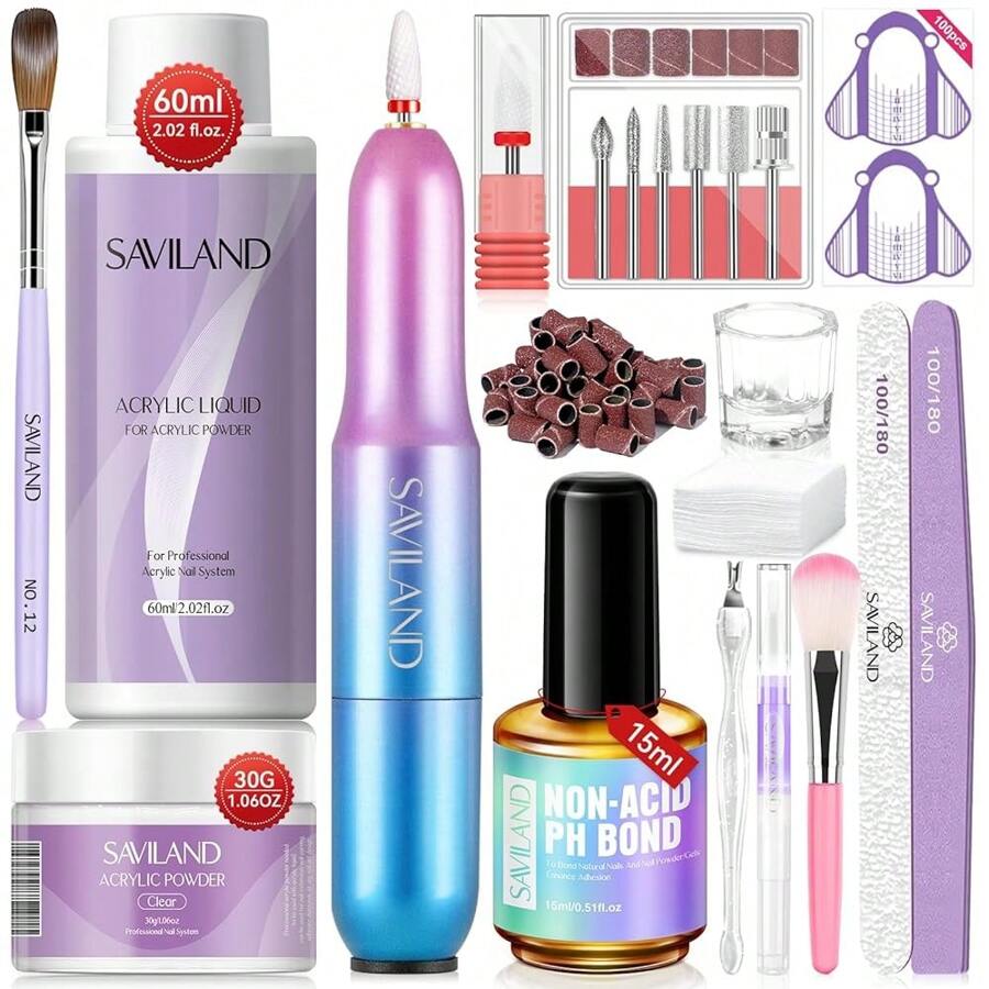 Saviland All-In-One Acrylic Nail Set Clear Acrylic Nail Powder Sets & Acrylic Liquid For Nails With Electric Nail Drill Powder Blue Crystal Desktop Accessory Set With Modified Color - Multicolor - View 1
