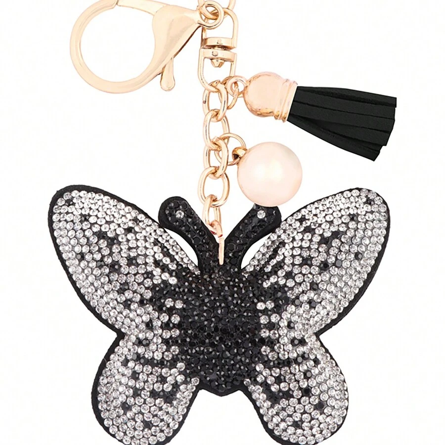 Butterfly Rhinestone Tassel Keychain - trắng - Xem 1