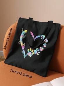 愛心圖案雙面印花肩手提袋 / 印花手提袋 / 休閒旅行沙灘袋 / 大容量可重複使用的肩背購物袋 / 女士休閒肩背包 / 手提袋 / 大容量帆布沙灘袋 / 手提袋購物袋 / 印花女性雜貨肩背包 - 彩色 - 查看 3