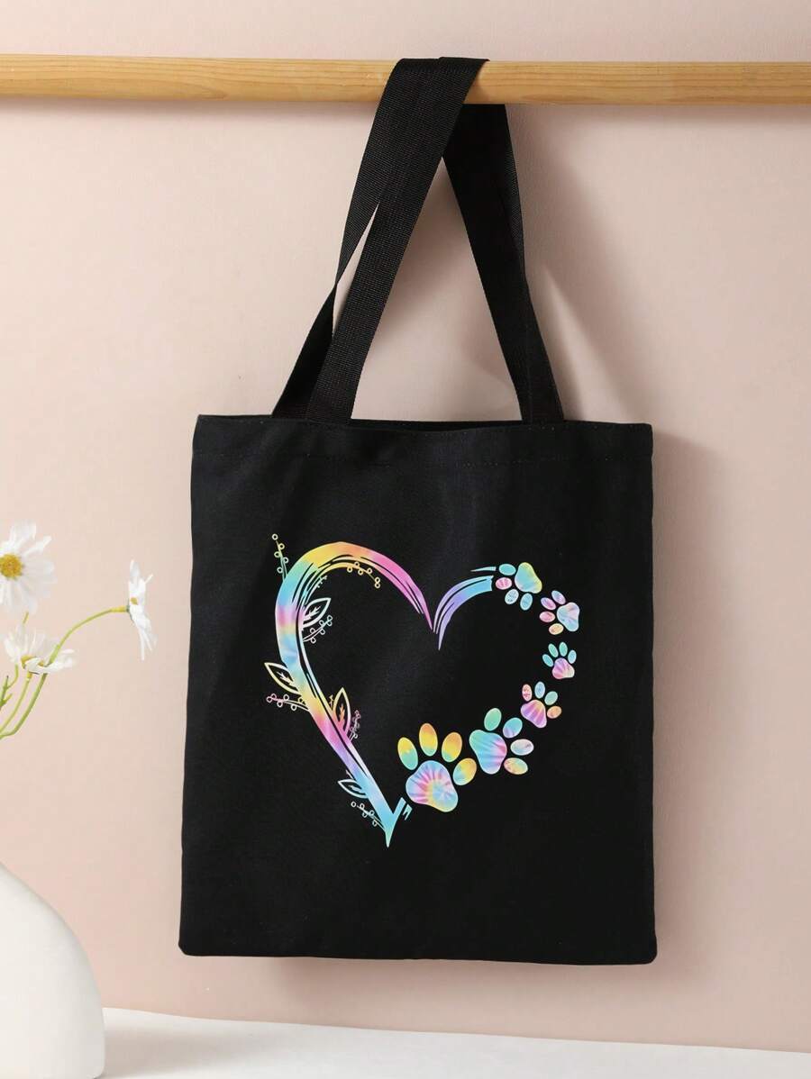 愛心圖案雙面印花肩手提袋 / 印花手提袋 / 休閒旅行沙灘袋 / 大容量可重複使用的肩背購物袋 / 女士休閒肩背包 / 手提袋 / 大容量帆布沙灘袋 / 手提袋購物袋 / 印花女性雜貨肩背包 - 彩色 - 查看 1