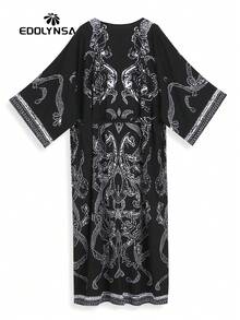 Black Print Belted Long Kimono Beach Dress Vacation - Black - View 3