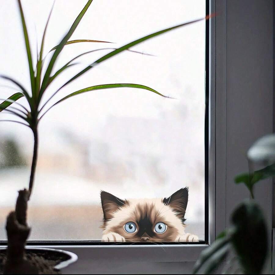 1 件可爱独特的偷窥猫彩色玻璃贴纸，自粘式，可爱的家居装饰贴纸，适合猫爱好者 - 彩色 - 查看 1
