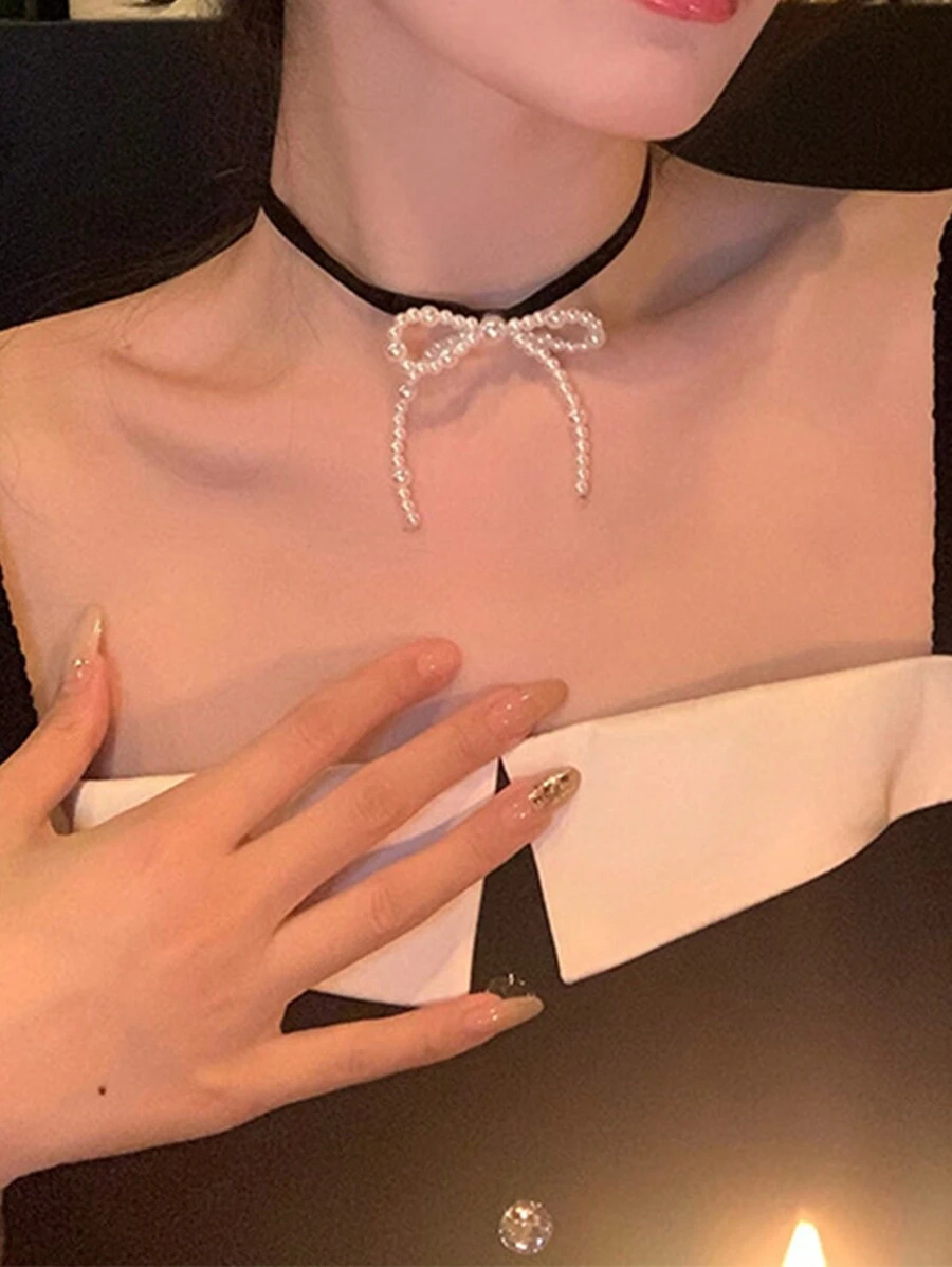 1 Miếng Thanh lịch Nhung Bowknot Trân châu Dây chuyền Đối với Cô gái tuổi teen , Phong cách Hàn Quốc Đơn giản Toàn trận Xương quai xanh Chuỗi - trắng - Xem 1