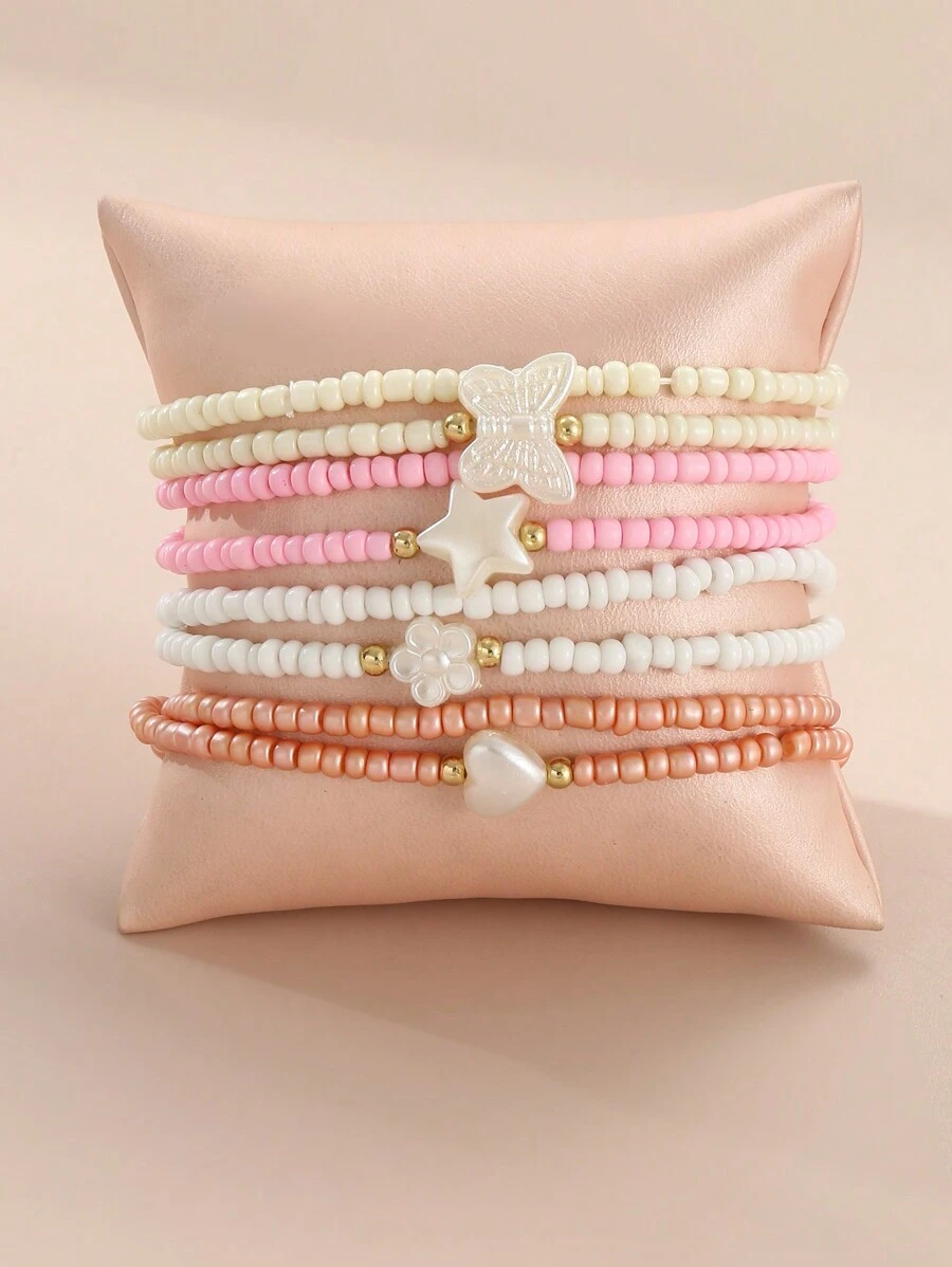 8pcs/Set Children's Rice Beads Heart Bracelet Combination - Multicolor - View 1