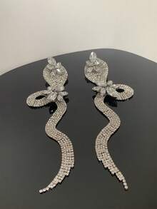 Extra Large Personalized Silver Rhinestone Fringe Earrings, European And American Style Sexy & Exaggerated Snake Shaped Full Rhinestone Dangle Earrings, Accessories - Silver - View 5