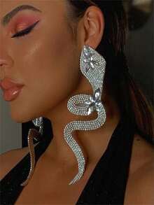 Extra Large Personalized Silver Rhinestone Fringe Earrings, European And American Style Sexy & Exaggerated Snake Shaped Full Rhinestone Dangle Earrings, Accessories - Silver - View 1