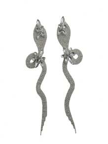 Extra Large Personalized Silver Rhinestone Fringe Earrings, European And American Style Sexy & Exaggerated Snake Shaped Full Rhinestone Dangle Earrings, Accessories - Silver - View 11