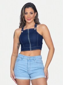 Women Denim Tops - 深色水洗藍 - 查看 3