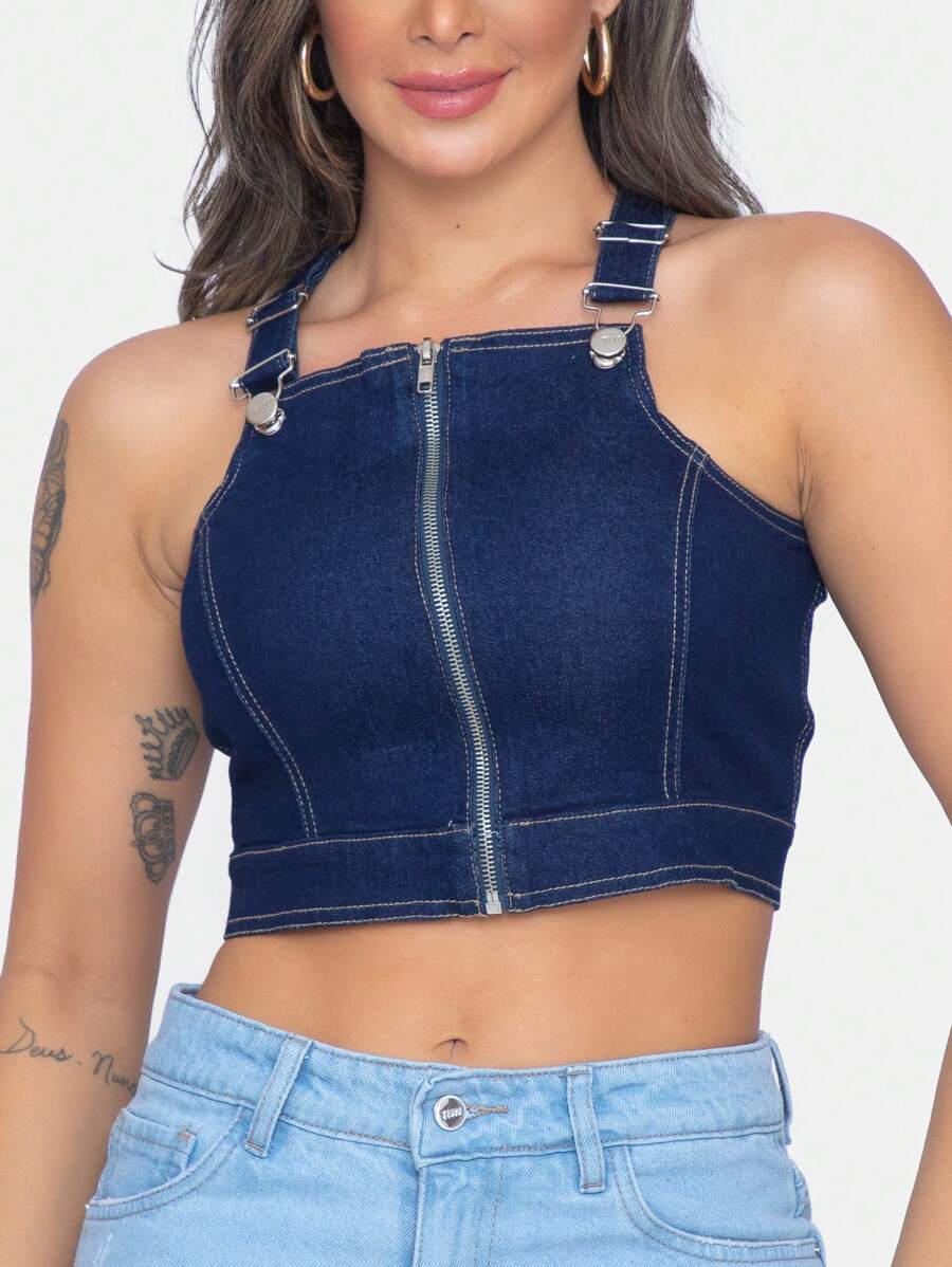 Women Denim Tops - 深色水洗藍 - 查看 1