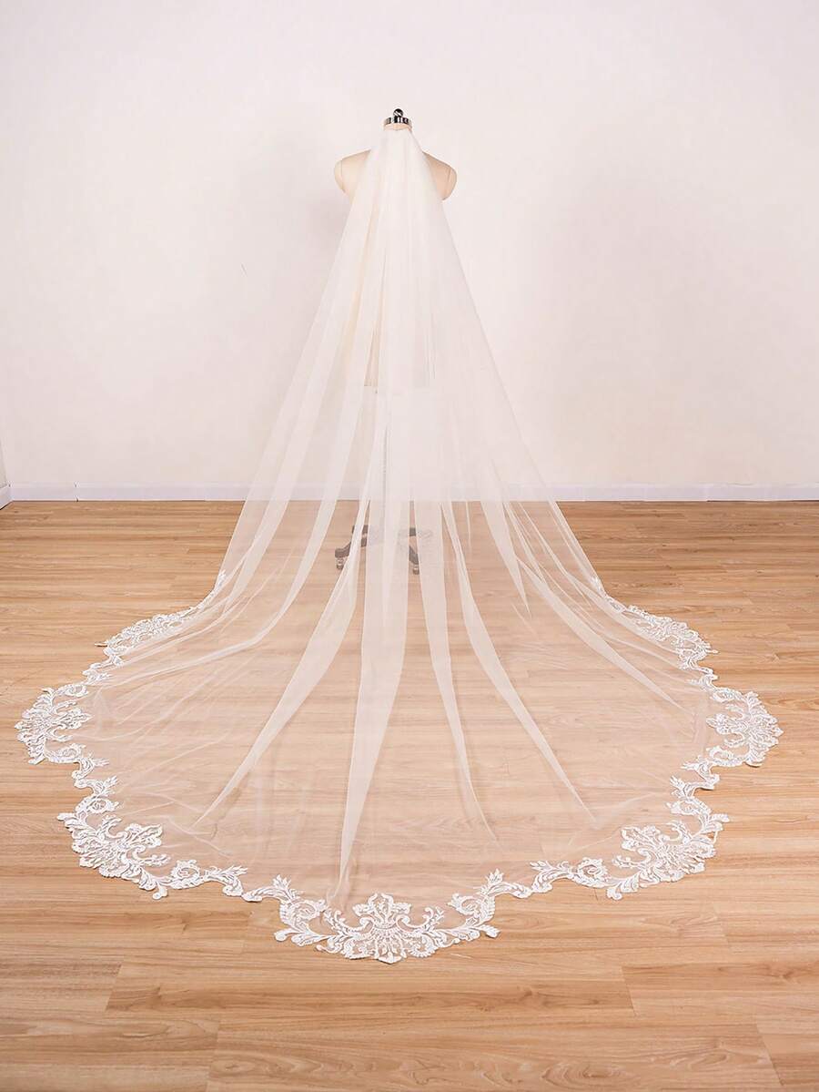 1 Pc Phụ nữ 1 Tầng Cathedral dài ren hoa Appliques Wedding Mạng che mặt cô dâu cho tiệc cưới Ngà mùa thu quần áo cho phụ nữ - Màu be - Xem 1