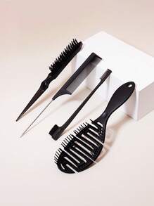 髮型設計工具套裝,4 件/套 Pp 材質,包括鼠尾梳、邊緣刷、梳理刷、梳理刷、濕髮或乾髮刷防靜電鏤空髮梳,適合所有髮型理髮店家用梳子 - 黑色 - 查看 1