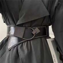 Street 1 件女士时尚简约圆形扣弹性腰带，适合装扮休闲装束带万圣节紧身胸衣夏季、学校秋季、秋季、万圣节 - 黑色 - 查看 3