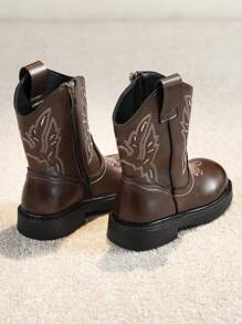 1pair Children Embroidered Leather Rubber Soft-Sole Mid-Calf Boots, Low-Top Flat Heel, Stylish For Spring And Autumn - Brown - View 3
