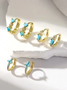 3 对/套时尚铜镶嵌仿绿松石花朵和心形耳圈耳环适合女性日常佩戴 - 藍色 - 查看 1