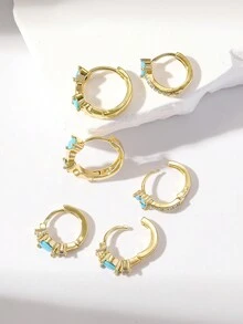 3 对/套时尚铜镶嵌仿绿松石花朵和心形耳圈耳环适合女性日常佩戴 - 藍色 - 查看 2