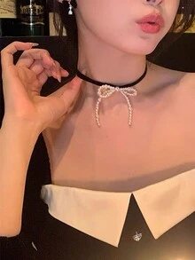 1 Miếng Thanh lịch Nhung Bowknot Trân châu Dây chuyền Đối với Cô gái tuổi teen , Phong cách Hàn Quốc Đơn giản Toàn trận Xương quai xanh Chuỗi - trắng - Xem 6