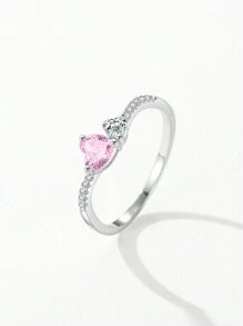 1入組925純銀浪漫粉紅心形人造戒指,情人節精美珠寶禮物,適用於女性