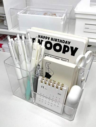 1个笔筒，3个隔层，透明铅笔盒，收纳整理器，化妆刷收纳盒，返校季，返校用品，铅笔盒，铅笔袋，书包，文具