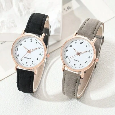 2入組簡約數字夜光學生手錶,啞光皮革休閒情侶手表,女式石英手錶,適合日常佩戴